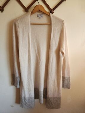 Pure Collection Open Front Cardigan Cream Gray Trim Cashmere Longline Large L